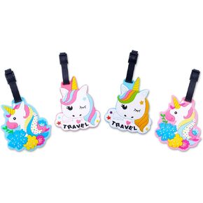 4 Pcs Set Assorted Unicorns Silicone Travel Luggage Baggage Identification Labels ID Tag for Bag Suitcase Plane Cruise Ships with Belt Strap