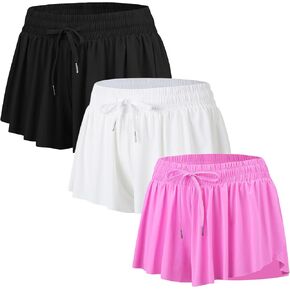 Yknktstc 3 Pack Womens 2 in 1 Flowy Running Shorts with Pockets Gym Yoga Athletic Workout Biker Spandex Lounge Sweat Skirt