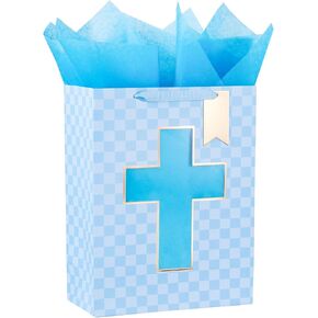 Loveinside Blue Gift Bag with Cross Design, Tissue Paper for Baby Boy Baptisms, Christenings, First Communions Religious Occasion- 10" x 5" x 13", 1 Pcs