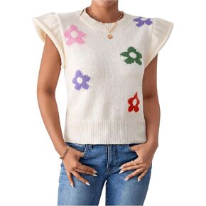Milumia Women's Floral Print Cap Sleeve Sweater Vest Crew Neck Ruffle Trim Top