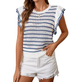Women's Cute Crochet Knit Striped Sweater Vest Fall 2024 Lightweight Crewneck Ruffles Cap Sleeve Crop Top