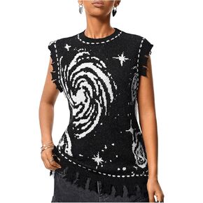 GORGLITTER Women's Galaxy Graphic Raw Hem Sweater Vest Sleeveless Crewneck Knit Tops