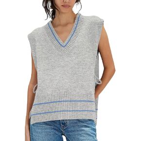 Cioatin Women Oversized Striped Colorblock Knit Sweater Vest Ponchos Tops Y2K Sleeveless V Neck High Low Tie Up Pullover