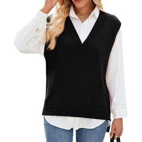 Wowcarbazole Womens V Neck Sweater Vest Sleeveless Solid Color Ribbed Knit Pullover Sweaters Casual Loose Trendy Tank Tops