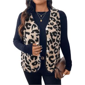 SOLY HUX Women's Plus Size Faux Fur Leopard Print V Neck Sleeveless Button Front Vest Jacket