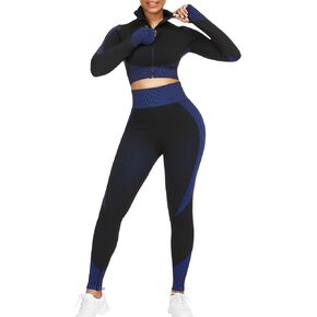 JOYMODE Women's Workout Sets 2 Piece long sleeve High Waist Legging set Crop Top Gym