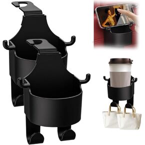 Multifunctional Hook for Car Seat Back, 3 in 1 Car Hook Backseat Cup Holder for Purses and Bags Cute, Phone Holder, Handbag, Clothes, Key, Umbrella - 2 Packs (Black)