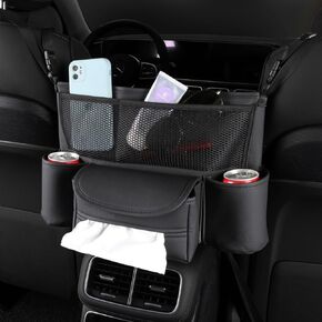 Car Purse Holder Between Seats Car Organizer, Leather Large Capacity Car Handbag Holder for Front Seat, Seat Back Net Bag Double-sided Tissue Storage Handbag Holder Car Divider (Black)