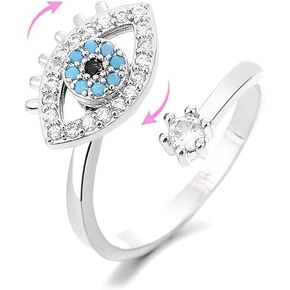 Bule Evil Eye Fidget Anxiety Rings for Women Sterling Silver Plated CZ Rotate Freely Spinner Stress Relief Open Stacking Finger Ring Eternity Promise Statement Fashion Cubic Zirconia Protection Good Lucky Calming Jewelry Gifts Birthday