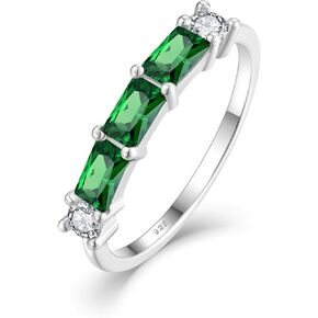 YL Cushion Princess Emerald Cut Eternity Ring for Women, Solid Sterling Silver 18K White Gold Plated Rectangular Birthstone Stacking Promise Bands Jewelry