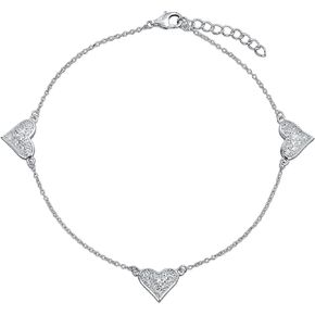 Romantic Cubic Zirconia Pave CZ Multi Charm Lock & Key Hearts Charm Anklet Ankle Bracelet For Women Girlfriend Teens .925 Sterling Silver Adjustable 8.5 To 10 Inch With Extender
