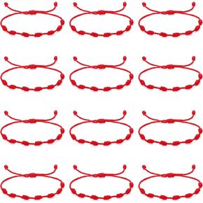 12Pcs Red String Bracelets, Adjustable 7 Knots Red Cord Bracelet Protection Lucky Bracelet Red Knot Chain Braided Bracelet Amulet Anklet for Protection Blessing Friendship Lovers Women Men