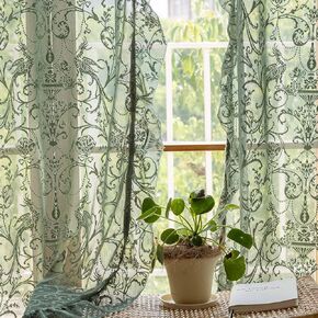 Green Sheer Curtains 84 Inch Long - Rustic Country Lace Curtains for Living Room Tulle Floral Ruffle Privacy Spring Decor Light Filtering Window Curtains, 59 x 84 Inch, Forest Green
