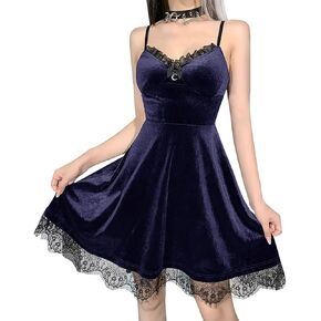 Womens Black Halter Dress V-Neck Velvet Dress Moom Dress Goth Clothes Lace Trim Dress