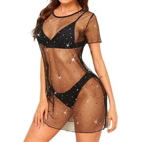 JEWEKY See Through Mesh Dress Black Sparkly Rhinestone Sheer Dresses Star Party Beach Club Dress for Women