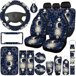 Estune 19 Pcs Moon Stars Sun Car Seat Covers, Full Set Car Accessories Steering Wheel Cover Front Rear Seat Cover Headrest Armrest Cover Seat Belt Cover Cup Holder Keychains Wrist Strap for Cars SUV