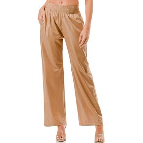 Women's Faux Leather Elastic Waist Straight Pants with Side Pockets