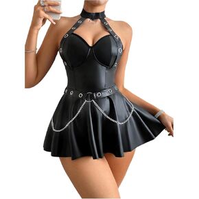 MakeMeChic Women's 3 Piece Lingerie Set PU Leather Pleated Mini Dress Chain Belt and Thongs Sets
