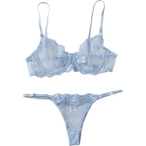 Sexy Floral Embroidery Mesh Sheer Underwire Push Up Lingerie Set 2 Piece
