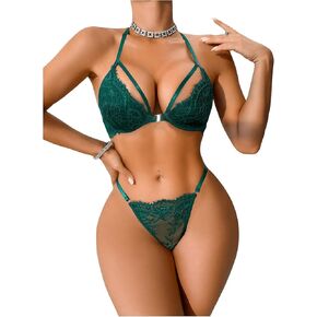 OYOANGLE Women's 2 Piece Lingerie Set Front Closure Cut Out Halter Bra and Lace Sheer Panty Set