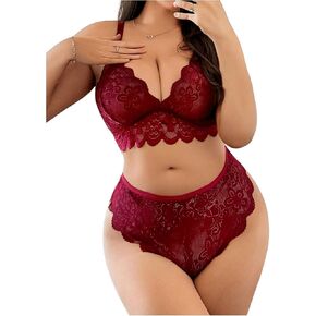 SHENHE Women's Plus Size Lace Lingerie Set Sheer Criss Cross Bra and Panty Cheeky Underwear Set