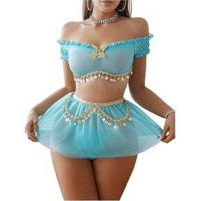 Women's 3 Piece Lingerie Set Mesh Sheer Crop Top Cosplay Bra Panty Babydoll Lingerie Skirt Set Role Play Lingerie Mint Blue Small in Saudi Arabia