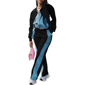 DINGANG Lounge Sweatsuits Women 2 Piece Outfit Zip Up Denim Patchwork Jackets Baggy Sweatpant Tracksuit Sets