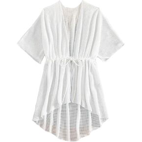 OYOANGLE Girl's Half Sleeve Drawstring Waist High Low Hem Swimwear Cover Ups Casual Solid Beachwear Kimono
