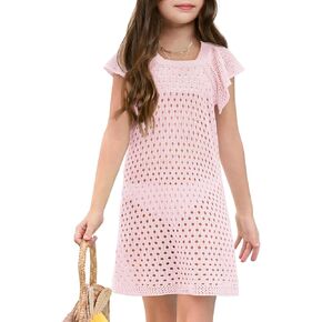 Haloumoning Girls Crochet Swim Cover Up Kids Ruffle Sleeve Hollow Out Summer Beach Dress 5-14 Years