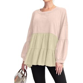 MISSACTIVER المرأة بيبلوم تكدرت هيم المرقعة البلوز بيبي دول فانوس كم Crewneck البلوز التباين فلوي تونك القمم