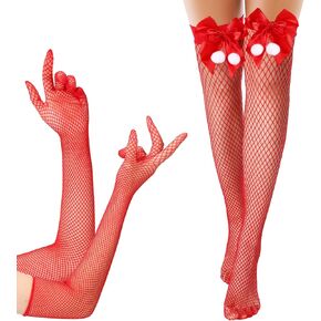 Patelai 2 Pairs Christmas Fishnet Thigh High Stockings Santa Gloves Red Knee High Stockings for Women Xmas Costume Accessory