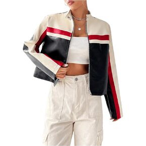 MakeMeChic Women's Color Block Zip Up Short Jacket Long Sleeve Mock Neck Crop Coat Outwear