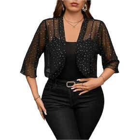 Floerns Women's Plus Size Mesh 3/4 Sleeve Open Front Bolero Party Cropped Cardigan Jacket