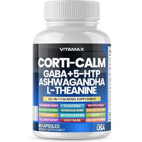 Corti-Calm Cortisol Supplement, L Theanine, Ashwagandha, Vitamin D 3, GABA for Relaxation, Fatigue & Focus with Ginkgo Biloba, Bacopa Monnieri, 5-HTP – Non-GMO, Made in USA – 60ct
