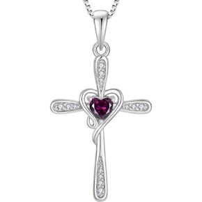 Cross Necklace for Women 925 Sterling Silver Heart Necklace Pendant with 4MM Gemstone 3A Cubic Zirconia Birthstone for Women