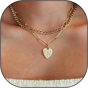 Rrdaily 14K Gold Heart Layered Pendant Necklace,Dainty Love Cuban Link Chain Necklace for Women,Personalized Hip Hop Paperclip Aesthetic Jewelry Gifts
