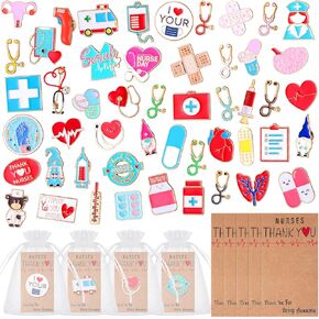 Siifert 50 Sets Nurse Enamel Pins Christmas Pin Gifts Nurses Day Pin Bulk Cute Heart Stethoscope Ambulance Brooch Pins Nurse Doctor Backpacks Xmas Pins Brooches with Card Organza Bags Gift for Nurse