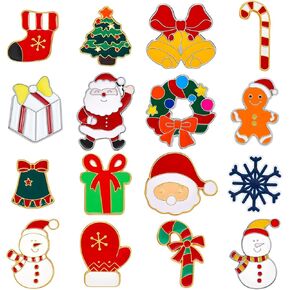 MTLEE 16 Pcs Christmas Brooch Pin Set Xmas Brooch Button Christmas Lapel Pin Christmas Tree Snowman Snowflake Santa Bell Xmas Element Jewelry Enamel Pin Badge for Women Clothes Bag Backpack, 16 Styles