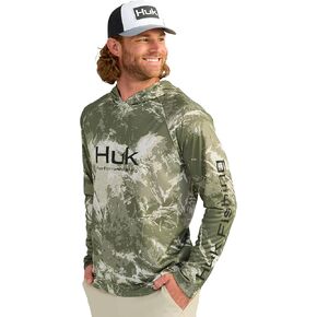 HUK Men's Pursuit Pattern Hoodie, Sun Protecting Fishing Shirt with Hood, Mossy Oak Stormwater Freshwater