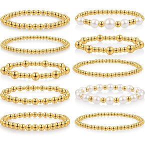 10 Pcs Bracelet for Women Chunky Stacking Plated Bead Ball Stretchable Bracelets Set Natural Pearl Jewelry for Women
