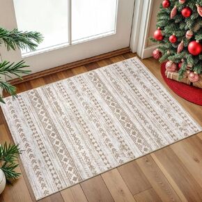 Moroccan Entryway Rug 2x3 Beige Small Area Rug Kitchen Rugs Non-Slip Washable Soft Print Vintage Distressed Geometric Low-Pile Indoor Door Mat Floor Carpet for Entrance Bedroom