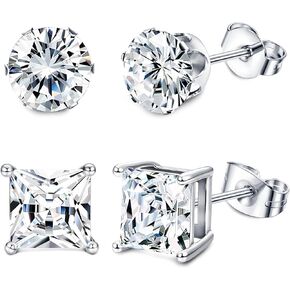 BESTEEL 2 Pairs Hypoallergenic CZ Black Stud Earrings for Men Women 316L Stainless Steel Square Round CZ Mens Earrings Studs Jewelry Set for Sensitive Ears 3-8MM Black Silver