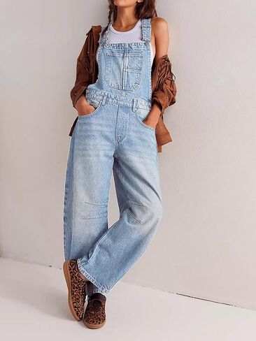 Overalls for Women Casual Adjustable Strap Baggy Denim Overalls Rompers Barrel Leg Jean Jumpsuit with Pockets in Saudi Arabia