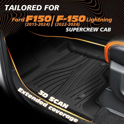 Floor Mats for 2015-2025 Ford F150 SuperCrew Cab Including 22-24 Lightning w/o Fold Flat Storage |Custom Fit| Front & Rear | Front Bucket | All-Weather Car Liners for Trucks in Kuwait