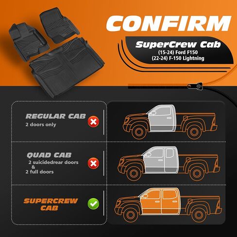 Floor Mats for 2015-2025 Ford F150 SuperCrew Cab Including 22-24 Lightning w/o Fold Flat Storage |Custom Fit| Front & Rear | Front Bucket | All-Weather Car Liners for Trucks in Kuwait