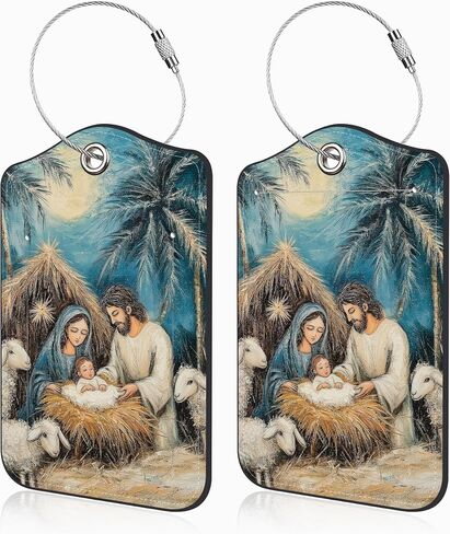 2 Pcs Nativity Scene Luggage Tags for Suitcases PU Leather Baggage Tags Name ID Label with Privacy Cover and Stainless Steel Loop for Men Women Travel Bag Suitcase in Saudi Arabia