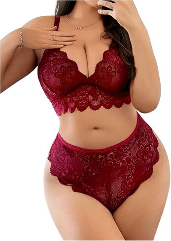 SHENHE Women's Plus Size Lace Lingerie Set Sheer Criss Cross Bra and Panty Cheeky Underwear Set in Saudi Arabia