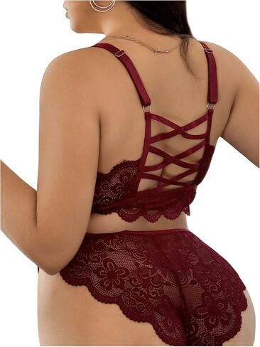 SHENHE Women's Plus Size Lace Lingerie Set Sheer Criss Cross Bra and Panty Cheeky Underwear Set in Saudi Arabia