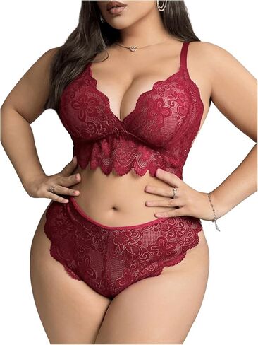 SHENHE Women's Plus Size Lace Lingerie Set Sheer Criss Cross Bra and Panty Cheeky Underwear Set in Saudi Arabia