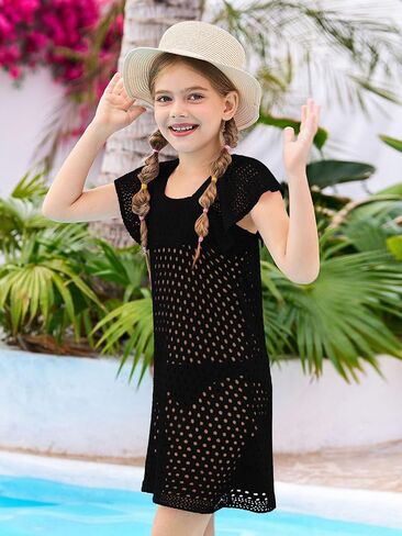 Haloumoning Girls Crochet Swim Cover Up Kids Ruffle Sleeve Hollow Out Summer Beach Dress 5-14 Years in Saudi Arabia